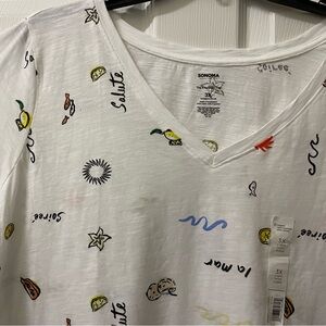 Sonoma Plus 3X White Print V-Neck Short Sleeved Top